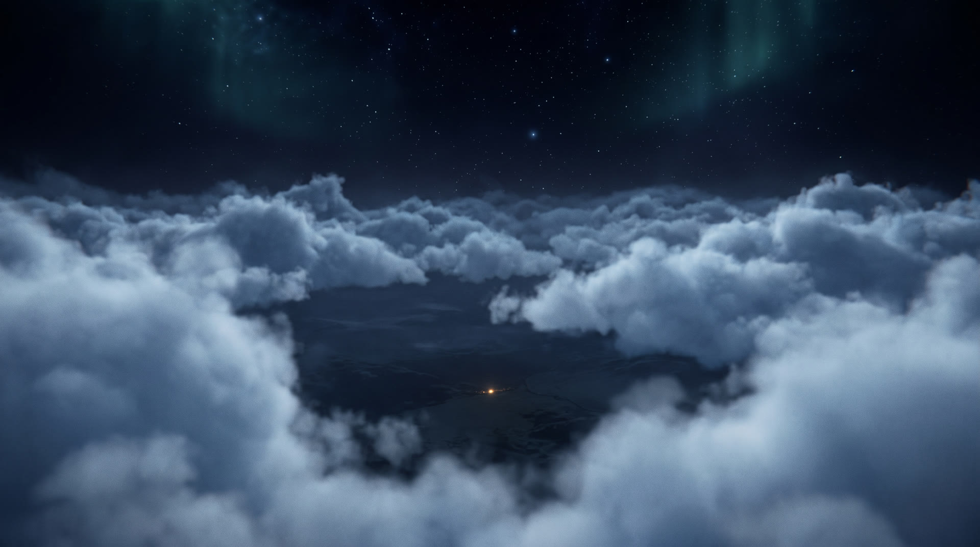 Moonlit clouds parting over a dark landscape